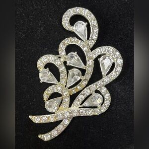 Vintage Silver Tone Clear Baguette Rhinestone Large Leaf Brooch Pin 3”